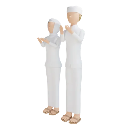 Hombre y mujer musulmanes orando juntos  3D Illustration