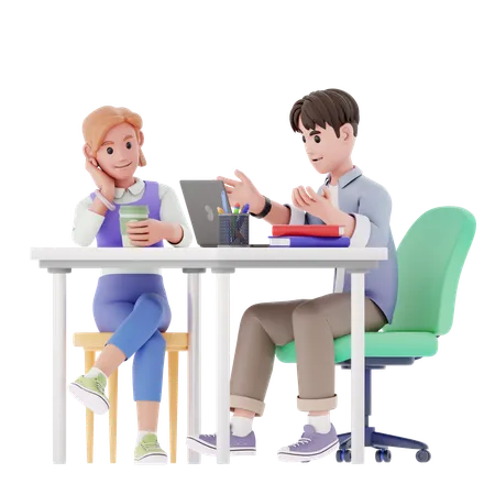 Hombre y niña discuten sobre el trabajo en la oficina  3D Illustration