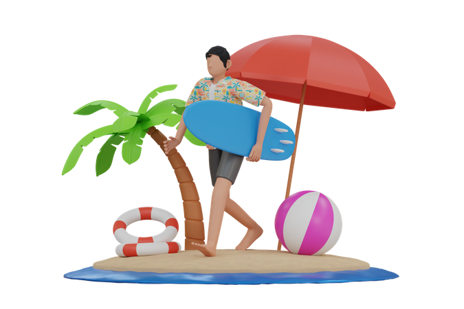 Hombre yendo a surfear  3D Illustration