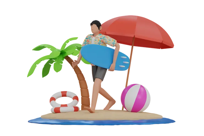 Hombre yendo a surfear  3D Illustration