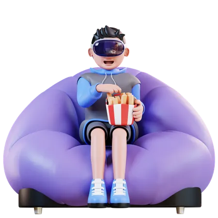 Hombre comiendo papas fritas mientras usa realidad virtual  3D Illustration