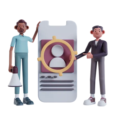 Publico Objetivo Marketing Objetivo Digital Dos Hombres Dirigiendose Al Publico A Traves De Las Redes Sociales En Telefonos Celulares 3D Illustration