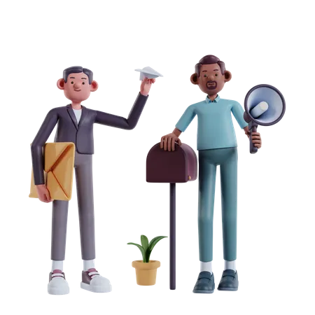 Dos Hombres Ejecutando Una Campana De Marketing Por Correo Electronico Suscribase A La Ilustracion Del Concepto Del Boletin 3D Illustration