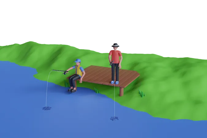 Ilustracion 3 D De Pescadores Pescando En La Orilla Del Mar Hombre Pescador Con Cana De Pescar En La Playa 3D Illustration