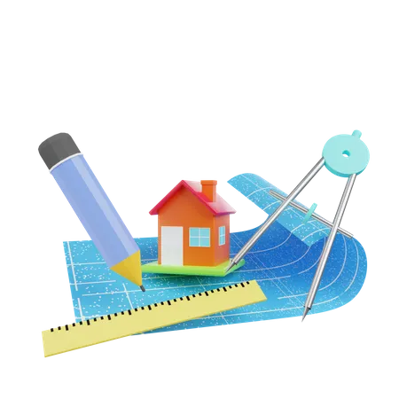 3 D Illustration Of Simple Object House With Blueprint Ruler Pencil Orleon Term 3D Illustration