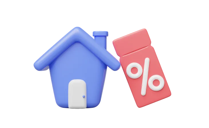 3 D Home Sale Icon Cute Blue House With Percent Discount Ticket Isolated On Transparent Business Investment Real Estate Mortgage Loan Concept Cartoon Minimal Style 3 D Rendering Illustration 3D Icon