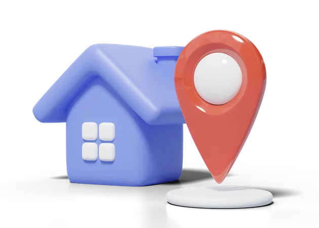 3 D Blue House Location Pin Icon Cute Home Model With Red GPS Navigator Checking Points Business Investment Real Estate Mortgage Loan Concept Cartoon Icon Minimal Style 3 D Render Illustration 3D Icon
