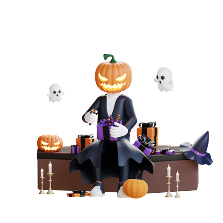 Homem abóbora com presente de Halloween  3D Illustration
