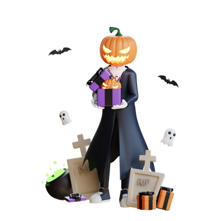 Homem abóbora segurando doces de Halloween  3D Illustration