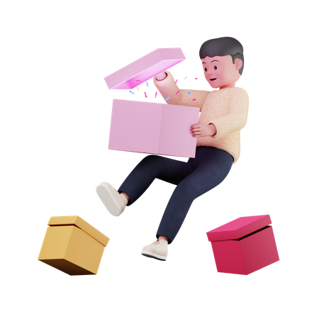 Homem abre caixa de presente  3D Illustration