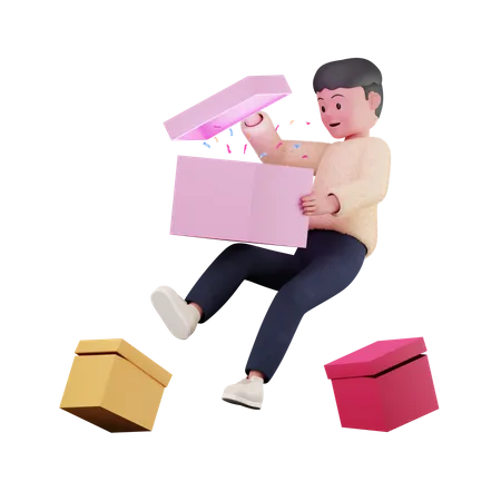 Homem abre caixa de presente  3D Illustration