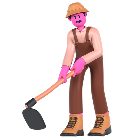 Agricultor masculino cavando usando enxada  3D Illustration