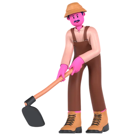Agricultor masculino cavando usando enxada  3D Illustration