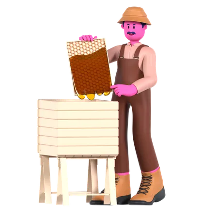 Agricultor masculino coleta mel e produtos de colmeia  3D Illustration
