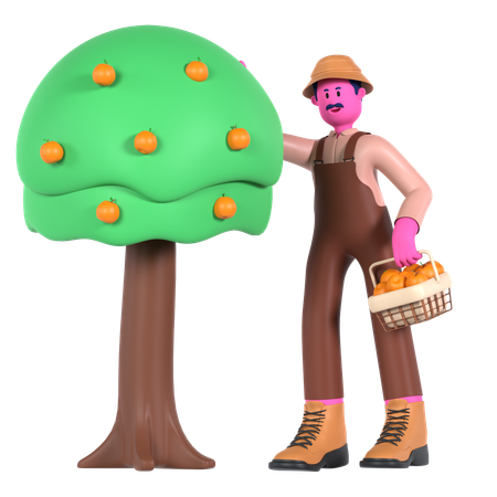 Agricultor masculino colhendo frutos de árvore frutífera  3D Illustration