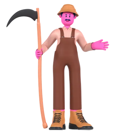 Agricultor masculino com foice  3D Illustration