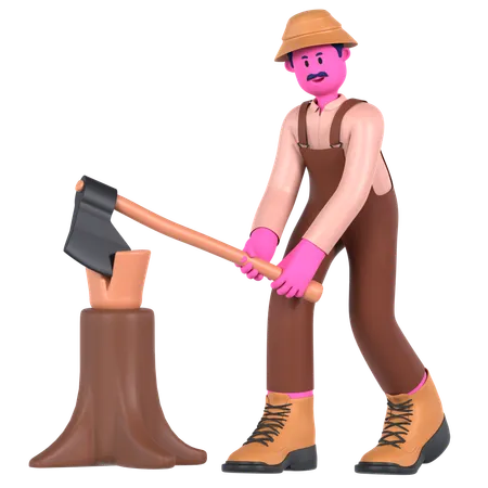 Agricultor masculino cortando madeira usando machado  3D Illustration