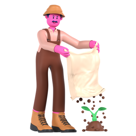Agricultor Masculino Fertilizar para plantar  3D Illustration