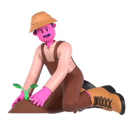 Agricultor masculino plantando planta  3D Illustration