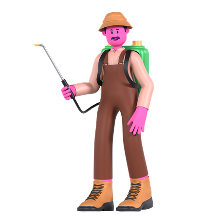 Agricultor masculino pulverizando pesticidas  3D Illustration