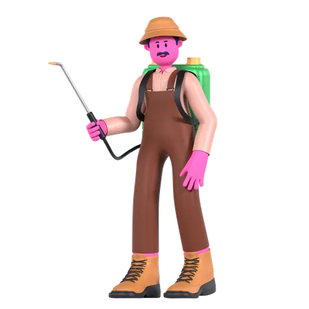 Agricultor masculino pulverizando pesticidas  3D Illustration