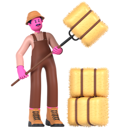 Agricultor masculino segurando feno usando rack  3D Illustration