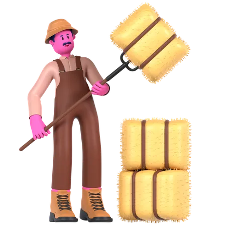 Agricultor masculino segurando feno usando rack  3D Illustration