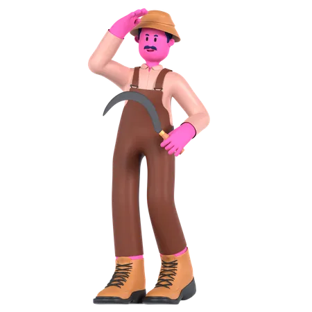 Agricultor masculino segurando foice  3D Illustration