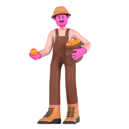 Agricultor masculino segurando saco laranja  3D Illustration