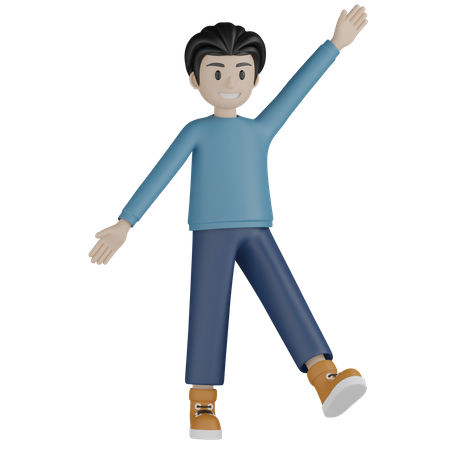 Homem alegre andando com as mãos para cima  3D Illustration
