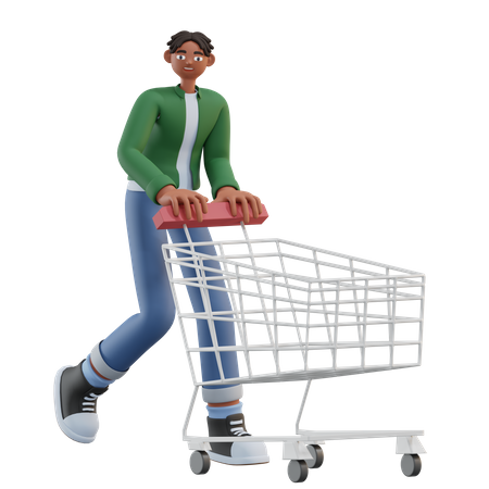 Homem andando com carrinho de compras  3D Illustration