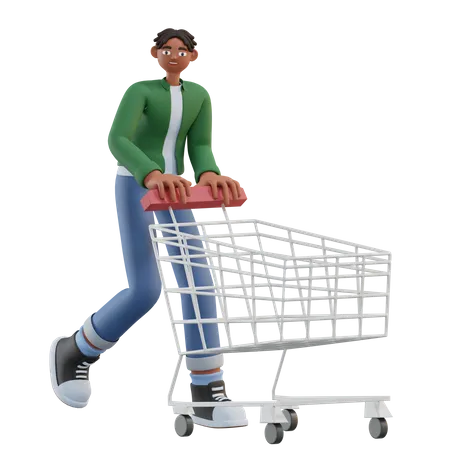Homem andando com carrinho de compras  3D Illustration