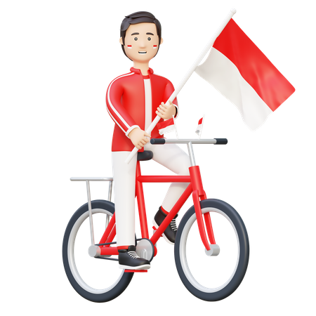 Homem andando de bicicleta com bandeira da Indonésia  3D Illustration