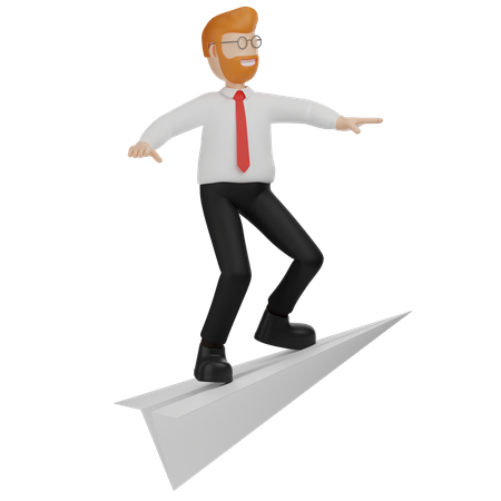 Homem andando de avião de papel  3D Illustration