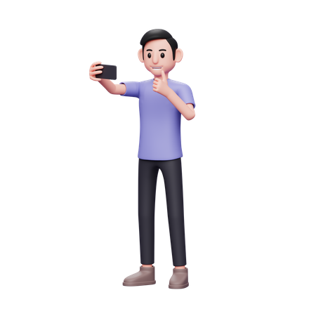 Homem animado posando para tirar uma selfie pelo celular  3D Illustration