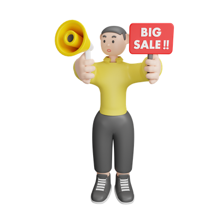Homem anunciando sobre grande venda  3D Illustration