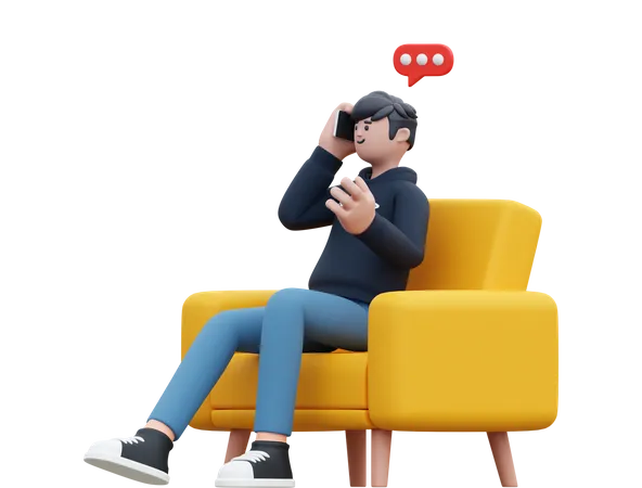 Homem ao telefone enquanto está sentado no sofá  3D Illustration