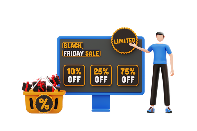 Ofertas de venda limitada da Black Friday para homens apontando  3D Icon