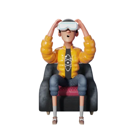 Homem aproveitando a realidade virtual em seu assento  3D Illustration