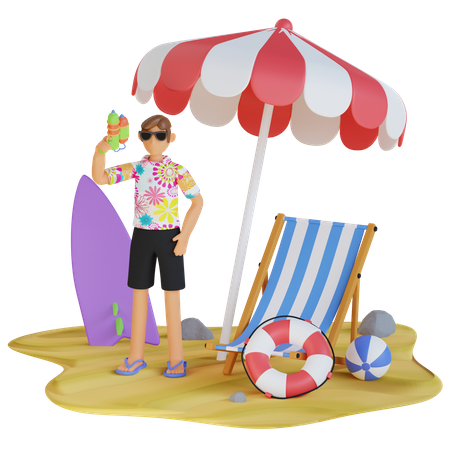 Homem aproveita o dia de praia  3D Illustration