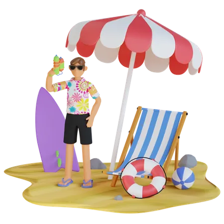 Homem aproveita o dia de praia  3D Illustration