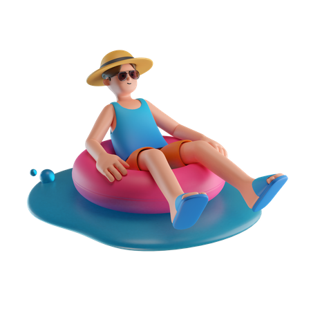 Homem sentado em tubo flutuante na praia  3D Illustration