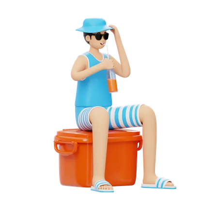 Homem bebendo água gelada na praia  3D Illustration