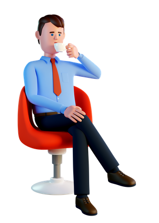 Homem tomando café sentado em uma cadeira vermelha de escritório  3D Illustration