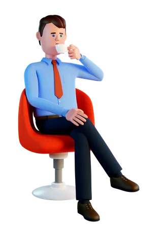 Homem tomando café sentado em uma cadeira vermelha de escritório  3D Illustration