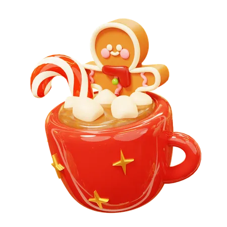 Boneco de gengibre tomando banho quente de chocolate quente com marshmallows doces e bengala doce  3D Icon