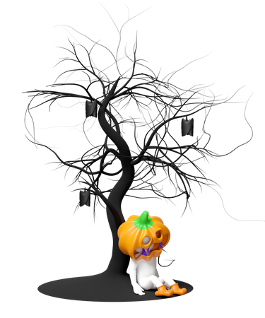 Homem com cabeça de abóbora dormindo debaixo de uma árvore morta  3D Illustration