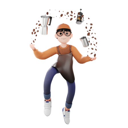 Homem do café com materiais para fazer café  3D Illustration