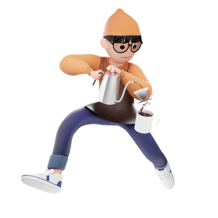 Homem do Café enchendo a xícara com café  3D Illustration
