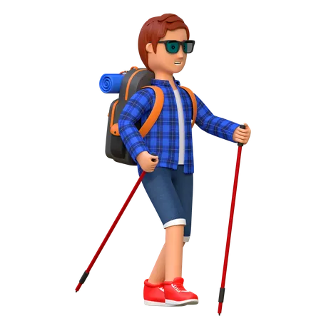 Mochileiro Caminhando Montanha Enquanto Carregava Sacola Ilustracao De Personagem De Desenho Animado 3 D 3D Illustration
